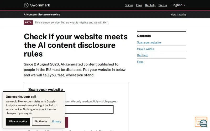 Screenshot of Check if your website meets the AI content disclosure rules — Swornmark