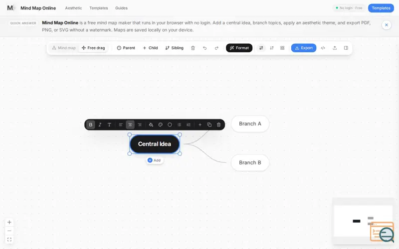 Screenshot of Free Mind Map Maker — No Login, No Watermark | Mind Map Online