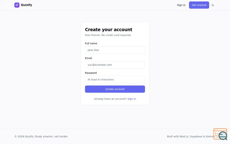 Screenshot of Sign up — Quizify