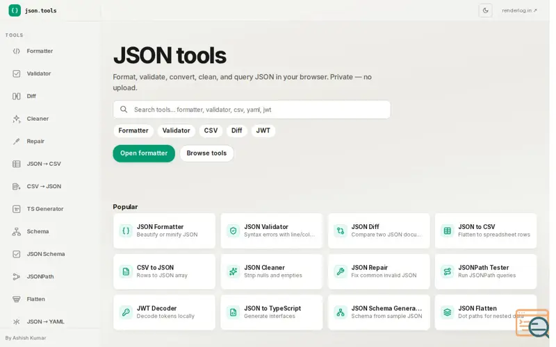 Screenshot of JSON Tools by Renderlog