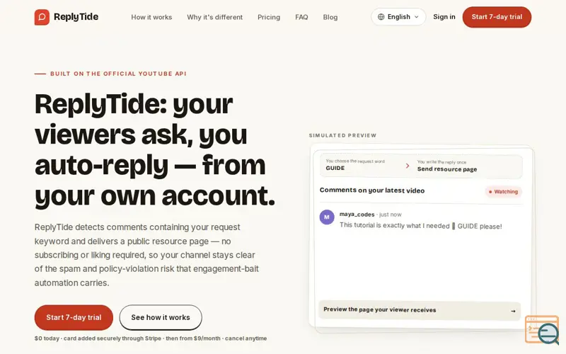 Screenshot of YouTube Comment Automation for Creators | ReplyTide
