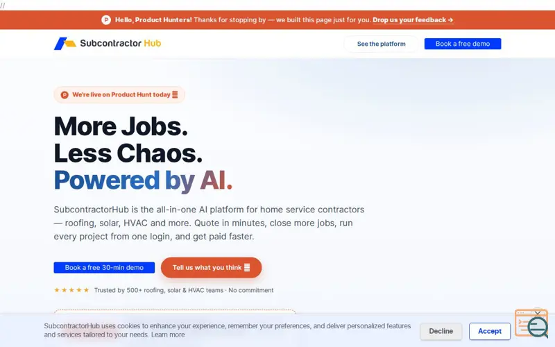 Screenshot of SubcontractorHub