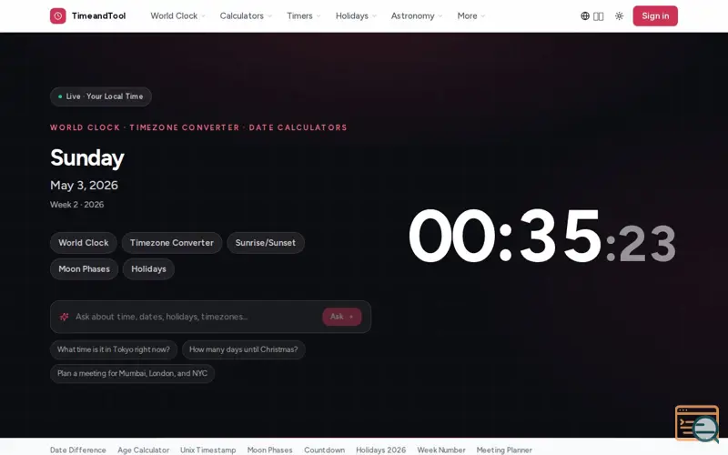 Screenshot of TimeandTool, a launch using OpenWeatherMap