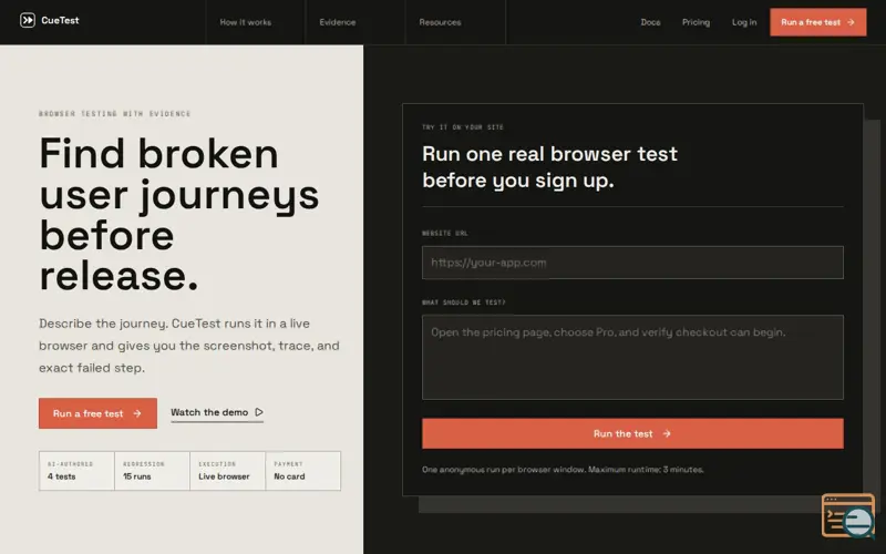 Screenshot of CueTest | Test the journey, keep the evidence