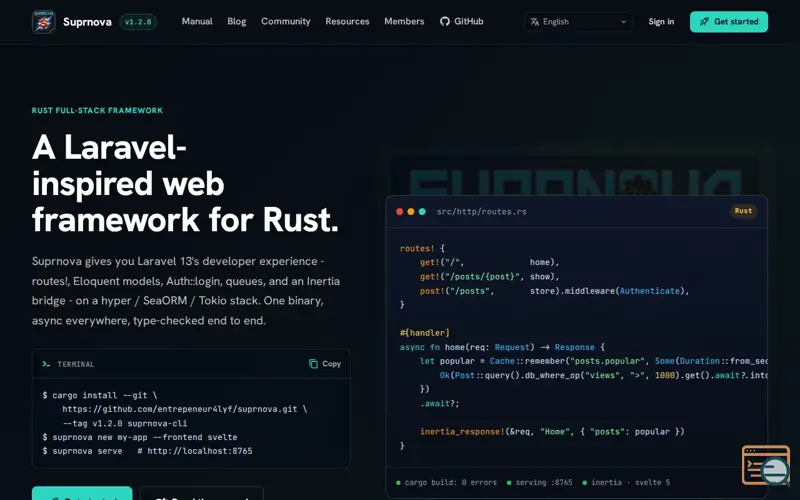 Screenshot of Suprnova - A Laravel-inspired web framework for Rust