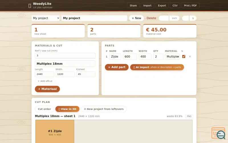 Screenshot of WoodyLite — cut plan optimizer