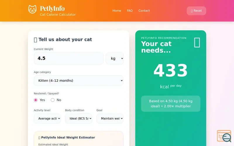 Screenshot of PetlyInfo Cat Calorie Calculator