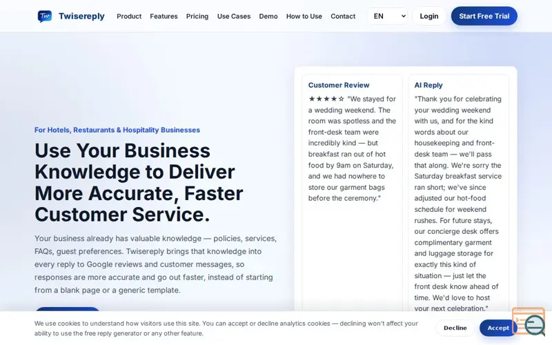 Screenshot of Twisereply - AI Review Response Platform for Hotels & Restaurants