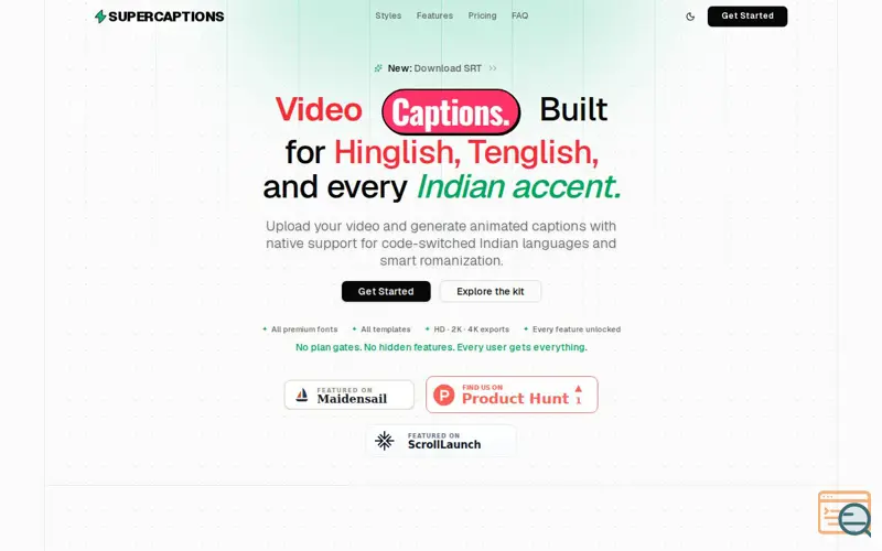 Screenshot of Supercaptions | Video Captions. Built for Hinglish, Tenglish, and every Indian accent.