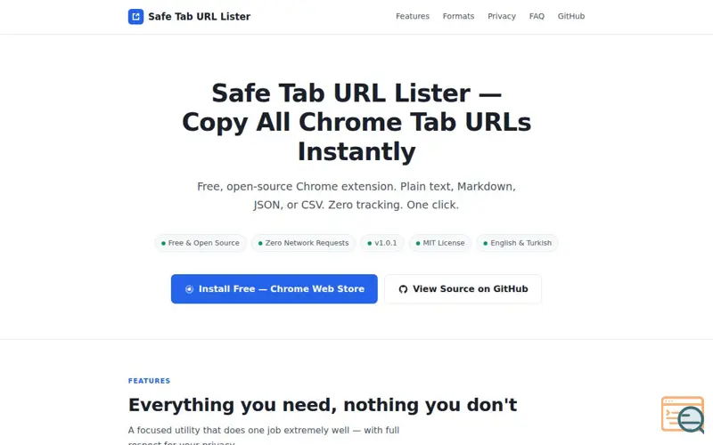 Screenshot of Safe Tab URL Lister