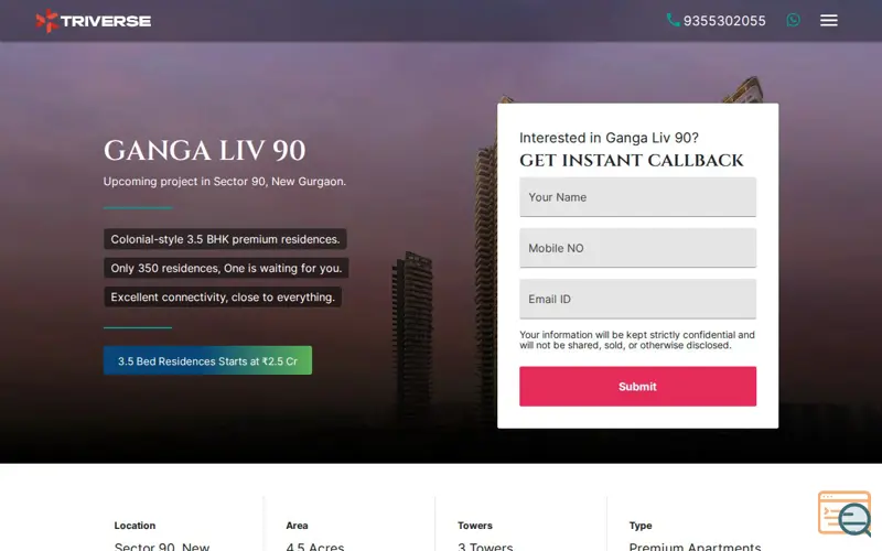 Screenshot of Ganga Realty LIV 90 New Homes in Gurgaon