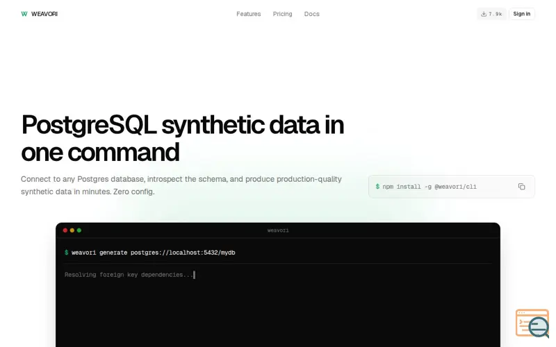 Screenshot of Weavori | Zero-config PostgreSQL synthetic data