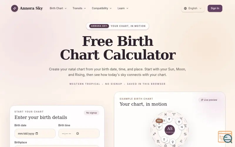 Screenshot of Free Astrology Birth Chart Calculator | Annora Sky