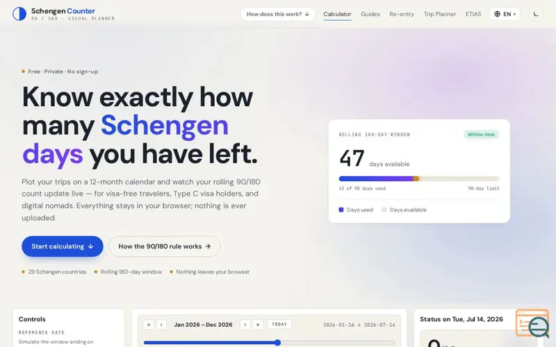 Screenshot of Schengen 90/180 Calculator