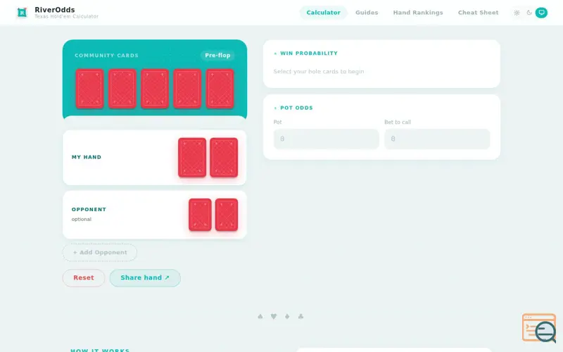 Screenshot of RiverOdds -Free Texas Hold'em Calculator