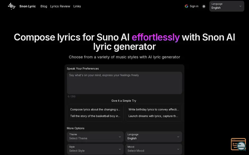 Screenshot of Snon AI Lyric Generator