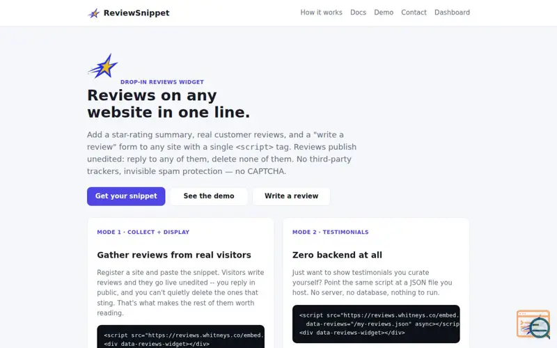 Screenshot of ReviewSnippet for any website - one line