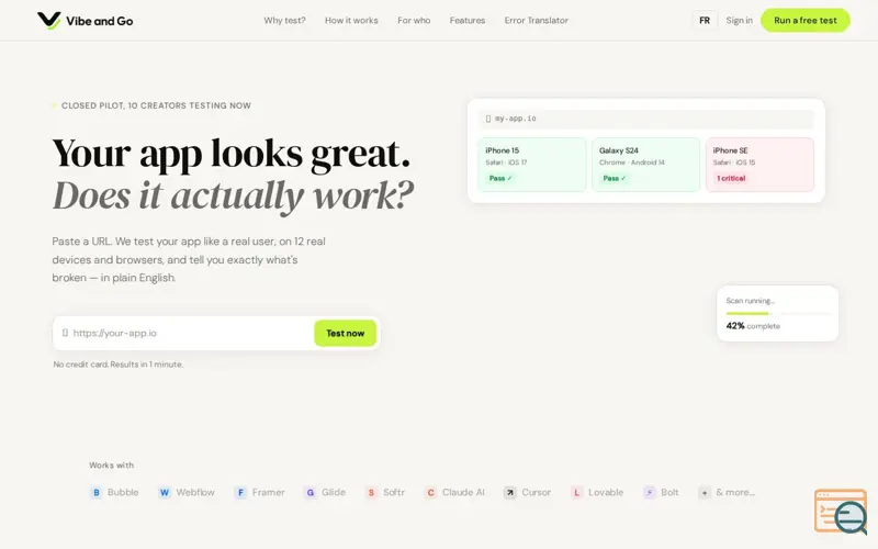 Screenshot of Vibe and Go - Automated QA