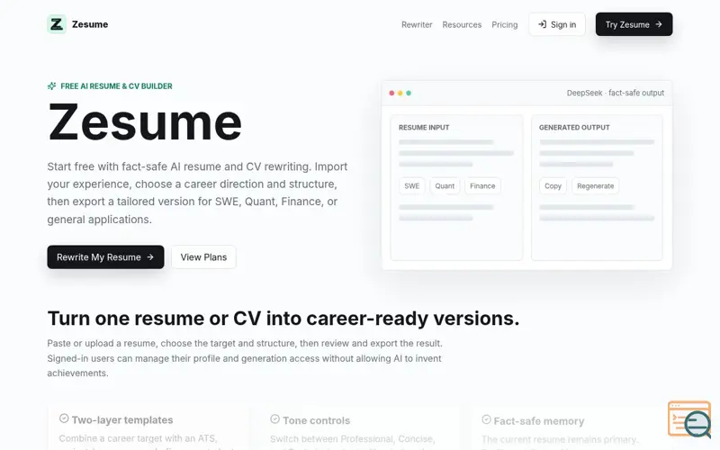 Screenshot of Zesume | AI Resume Rewriter