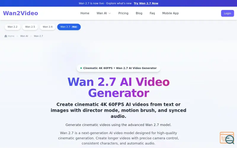 Screenshot of Wan 2.7 AI Video Generator