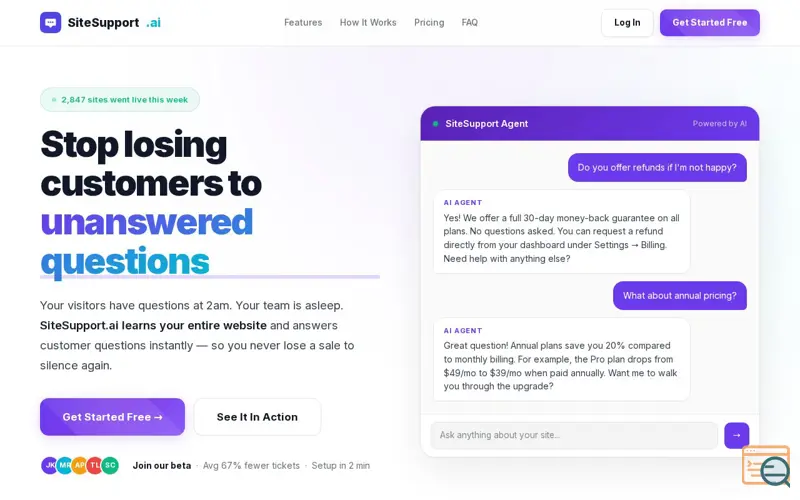 Screenshot of SiteSupport.ai, a launch using Statfast