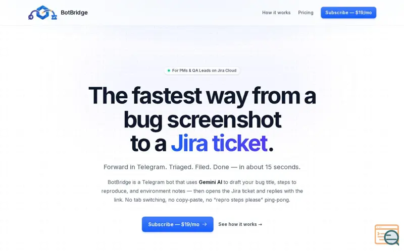 Screenshot of BotBridge — Telegram → Jira in 15 sec