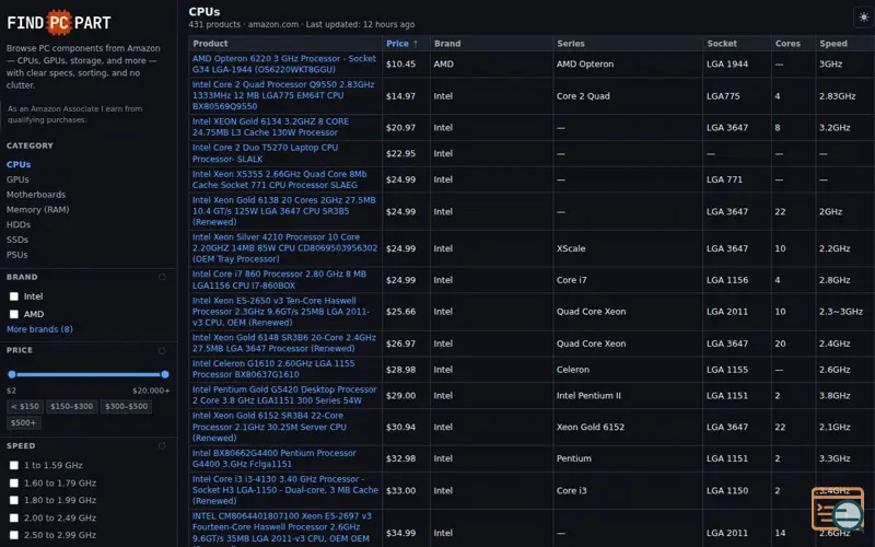 Screenshot of Findpcpart, a launch using Amazon Affiliate Links