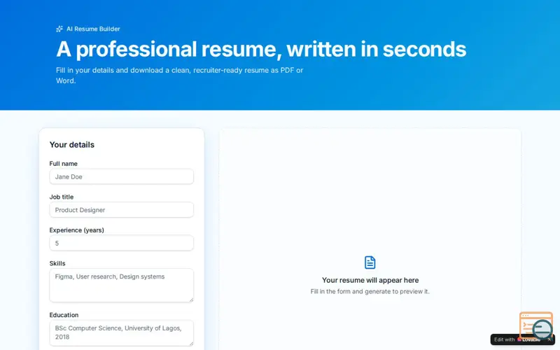 Screenshot of https://resume-magic-wand-52.lovable.app