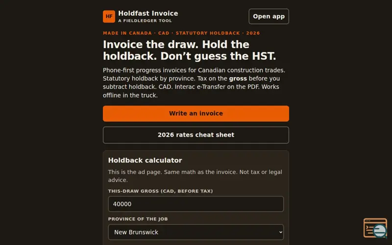 Screenshot of Holdfast Invoice — holdback calculator for Canadian trades