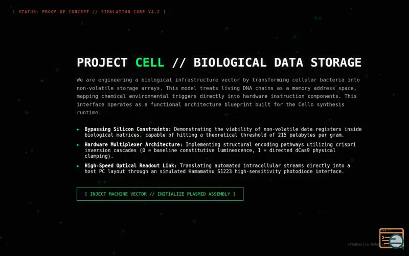 Screenshot of CELL//BIOLOGICAL DATA STORAGE SIMULATOR 