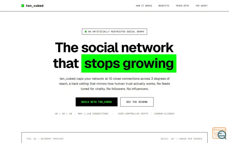 Screenshot of ten_cubed — The social network that stops growing