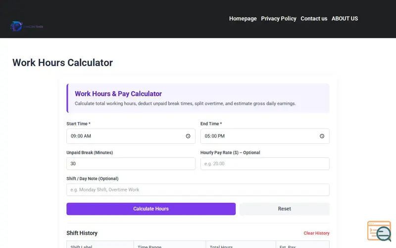 Screenshot of Work Hours Calculator