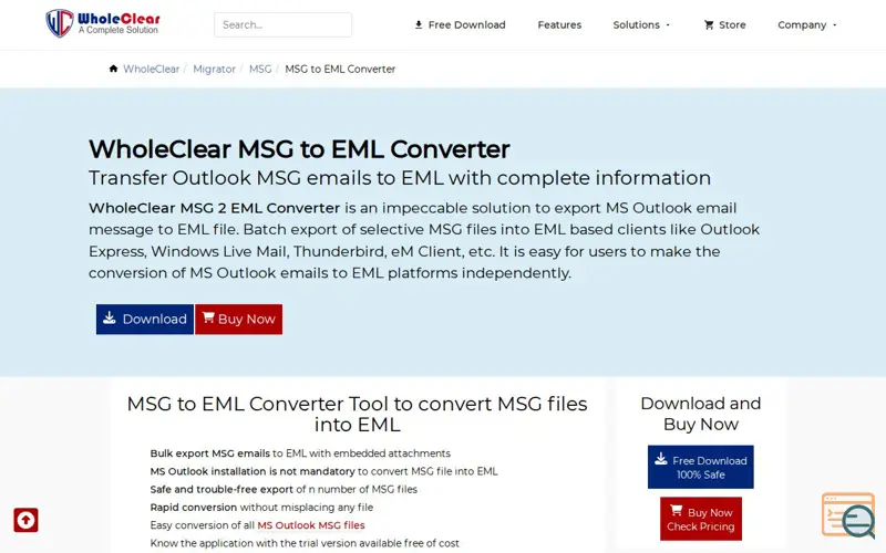 Screenshot of WholeClear MSG to EML Converter, a launch using JustHost DNS