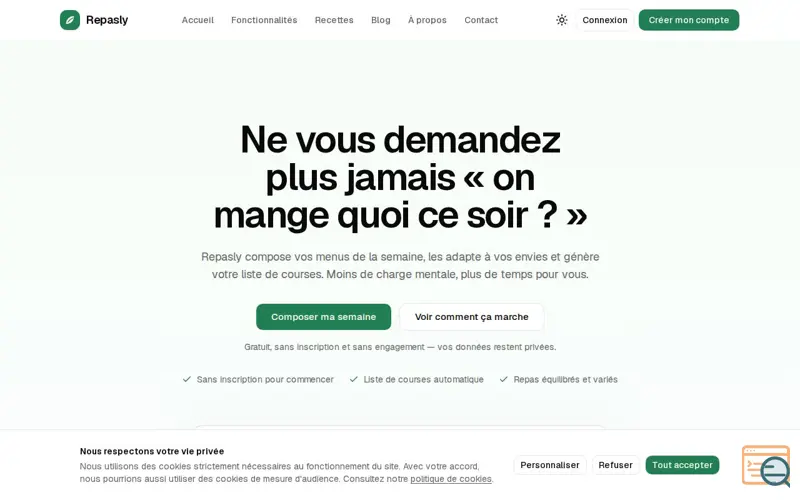 Screenshot of Repasly · Planifiez vos repas de la semaine en moins de 60 secondes.