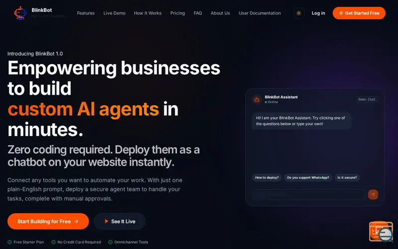 Screenshot of BlinkBot - Build Custom AI Agents in Minutes