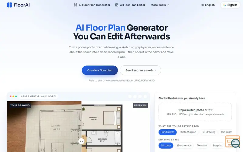 Screenshot of AI Floor Plan Generator – Free, Editable Plans | FloorAI