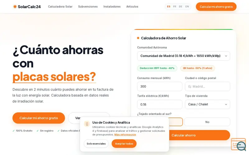 Screenshot of SolarCalc24 — Free Solar Calculator