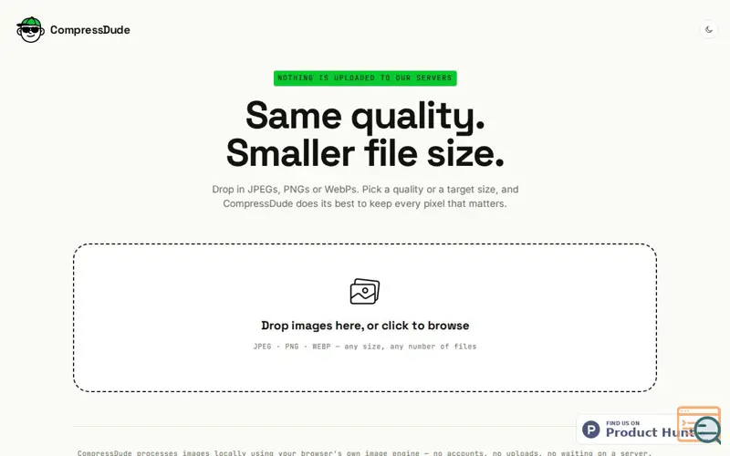 Screenshot of CompressDude – Free Online Image Compressor (No Upload, 100% Private)