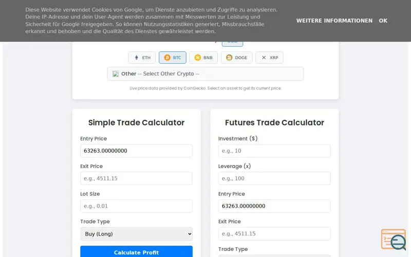 Screenshot of profit calculator