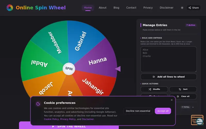 Screenshot of Online Spin Wheel