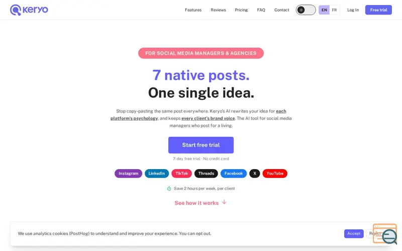 Screenshot of Keryo: AI Social Media Tool for Agencies & SMMs, a launch using VueUse