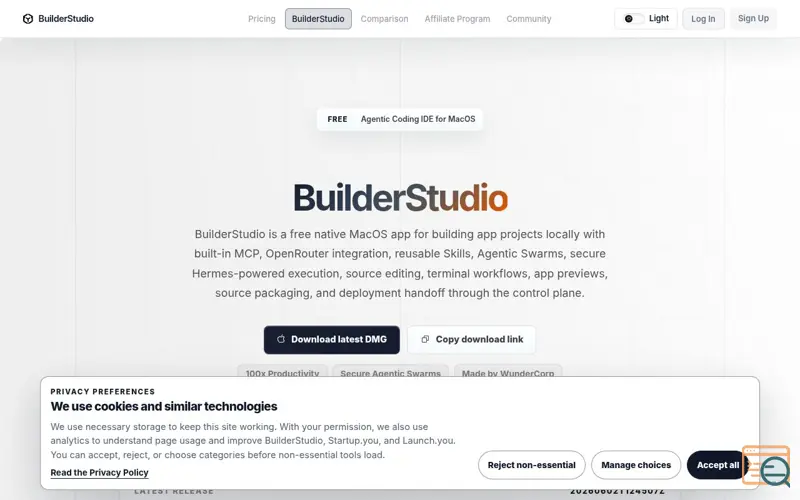 Screenshot of BuilderStudio, a launch using RefGrow