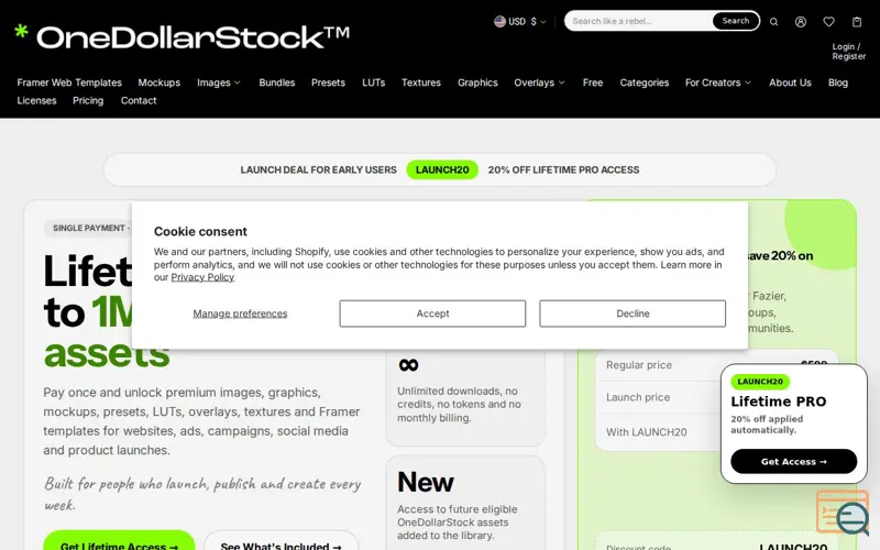 Screenshot of OneDollarStock | Creative Marketplace, a launch using Tradedoubler