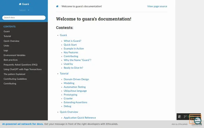 Screenshot of Welcome to Guará Python framework, a launch using EthicalAds
