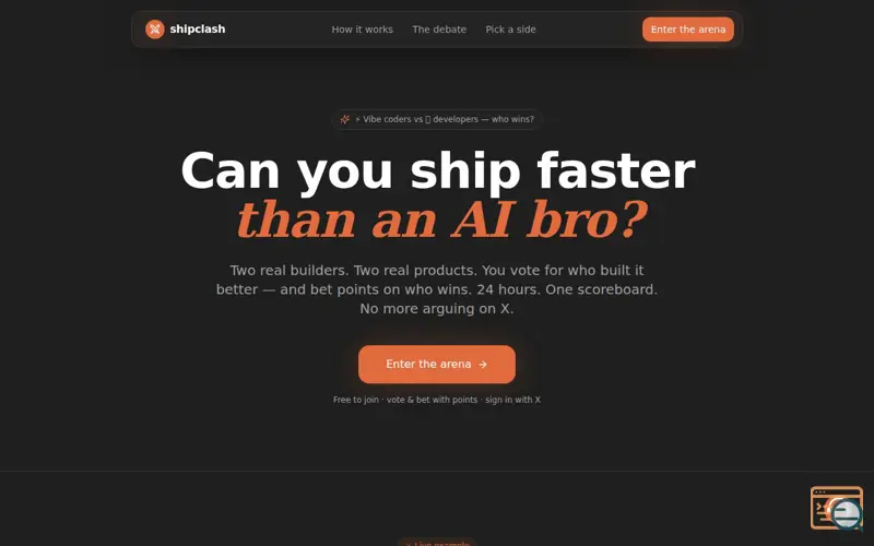 Screenshot of shipclash — vibe coders vs developers