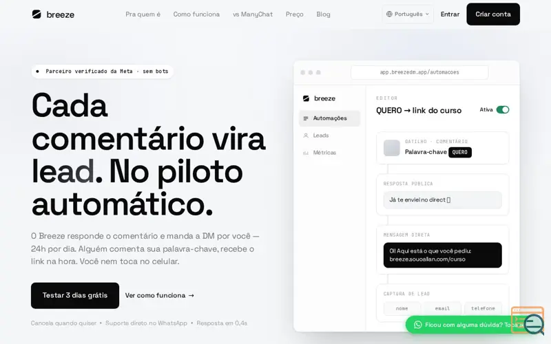 Screenshot of Breeze — Automação Comentário → DM no Instagram | Alternativa ao ManyChat