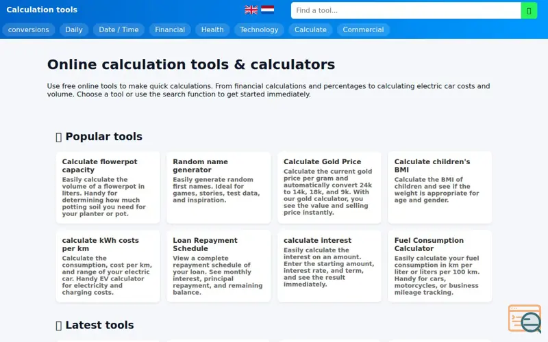 Screenshot of Calculation tools for all calculations