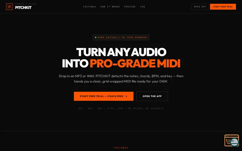 Screenshot of PITCHKIT · Audio → MIDI