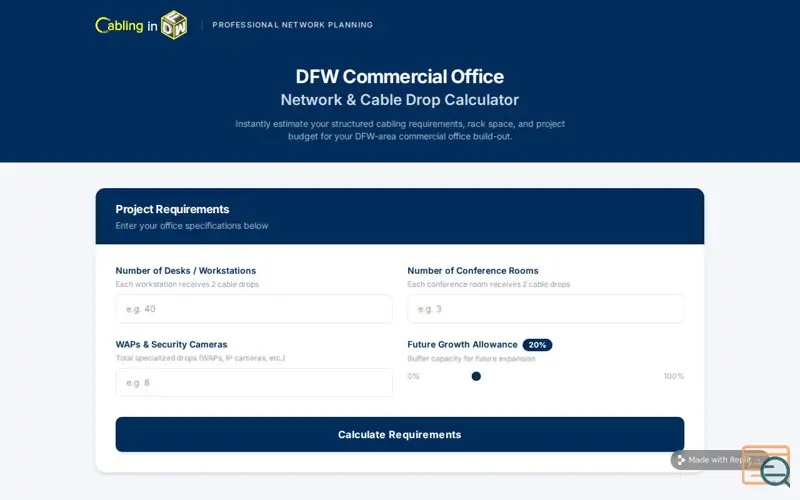Screenshot of DFW Office Network & Cable Calculator