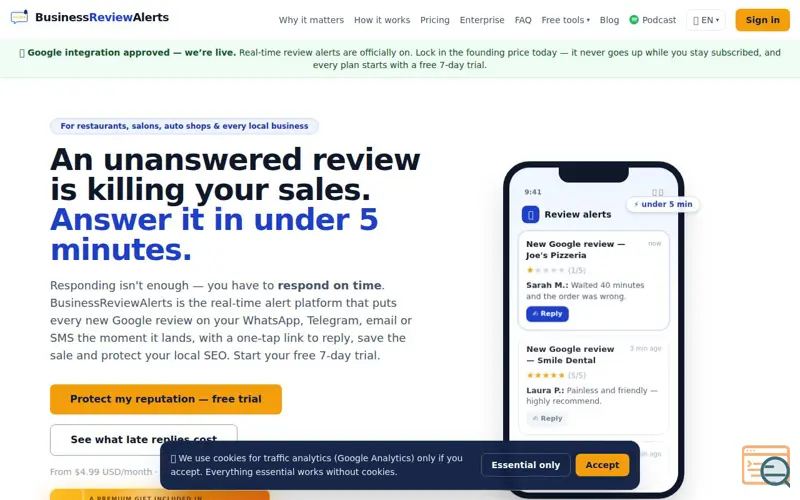 Screenshot of BusinessReviewAlerts — Instant alerts for your Google reviews